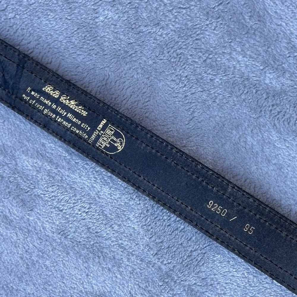 Vintage Croquet Black Leather Paisley Blue Fabric Belt Brass Buckle 36